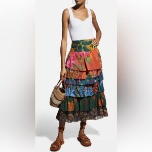 FARM Rio Tiered Multicolor Maxi Skirt Mixed Prints Size XS